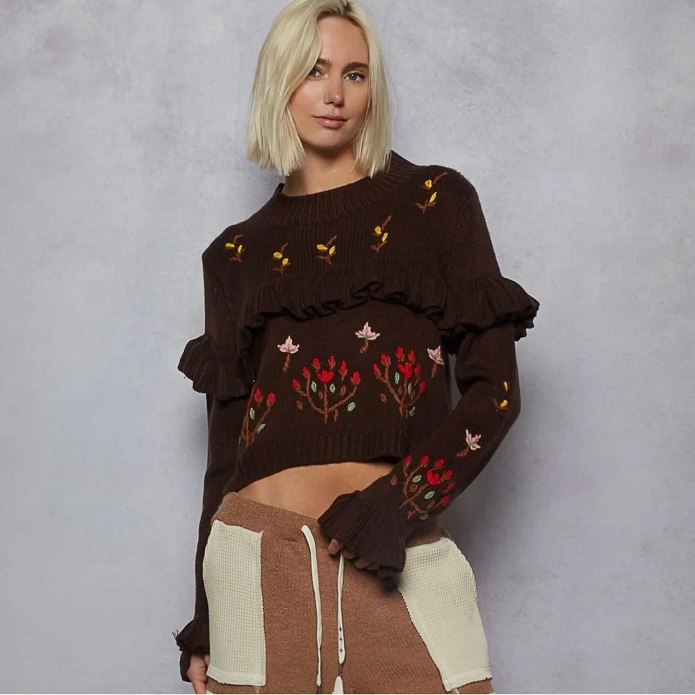 NWT POL Brown Floral Ruffle Sweater
